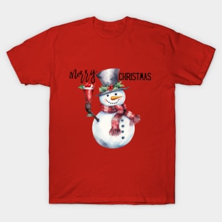 Cute Snowman in Red Scarf Holding a Christmas Drink with Berries T-Shirt